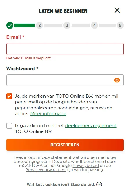 Snel formulier om een spelersaccount aan te maken